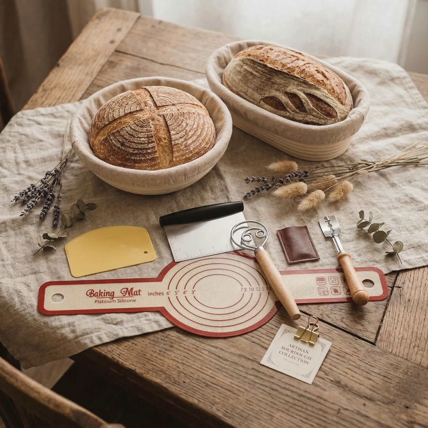 European Bread Proofing Basket Set, Home Baking Tools Kit with Bread Lame and Shaping Mat