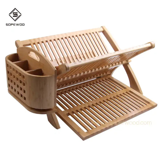 Durable Collapsible kitchen Bamboo Dish Drying Rack With Utensil Holder