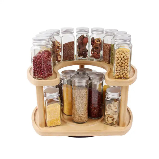 Bamboo 2 Tier Kitchen Lazy Susan Spice Rack Wooden Rotating Tray Turntable Organizer