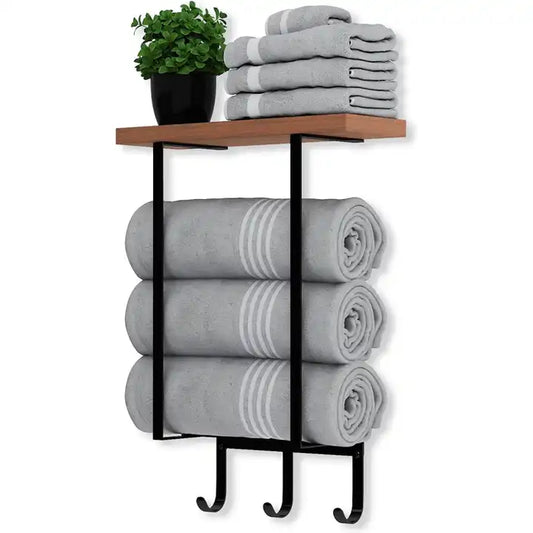 Bathroom towel storage organizer wall mounted towel racks with wood shelf and 3hooks