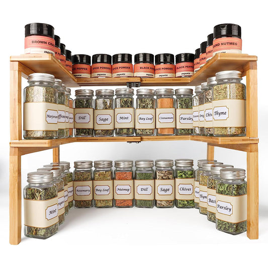 Bamboo Spice Rack Organizer for Cabinet - Expandable & Stackable, 2-Tier Adjustable Spice Organizer for Kitchen