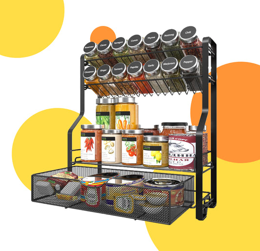 4-Tier Countertop Spice Organizer with Drawer - Spice Rack for Countertop, Cabinet, and Pantry Storage