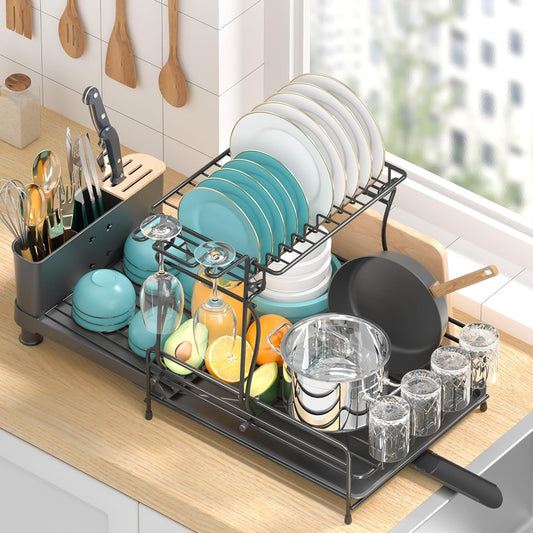 Dish drying rack expandable 2 tier large rack for kitchen counter dish rack with storage holder