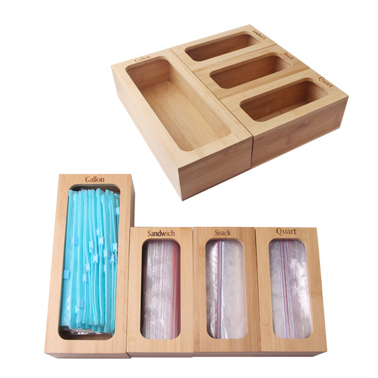 SOPEWOD Food Storage Bag Holders – Premium Moso Bamboo Kitchen Drawer Organizer Dispenser Compatible with Ziploc, Solimo, Glad, Hefty for Gallon, Quart, Sandwich & Snack Variety Size Ziplock Bags (4 Piece Set)