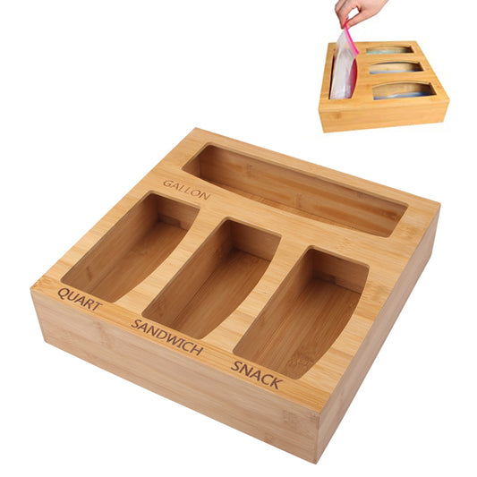 SOPEWOD Bamboo Ziplock Bag Storage Organizer and Dispenser for Kitchen Drawer–Food Storage Bag Holders Compatible With Gallon, Quart, Sandwich & Snack Variety Size Bags.
