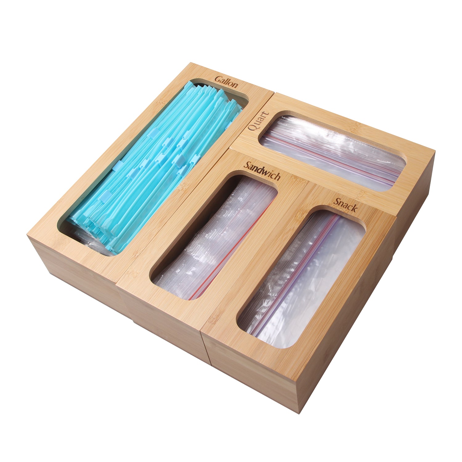 SOPEWOD Bamboo Ziplock Bag Storage Organizer for Kitchen Drawer Openable Top Lids Food Storage Bag Holders Box