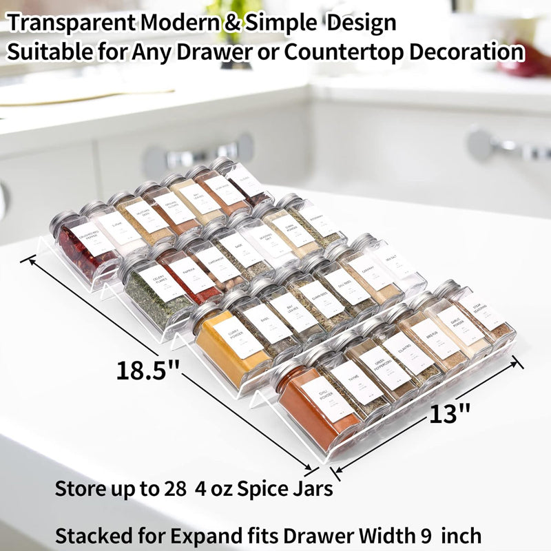 SOPEWOD Clear Acrylic Spice Drawer Organizer, 4 Tier Seasoning Jars Drawers Insert, Kitchen Spice Rack Tray for Drawer/Countertop