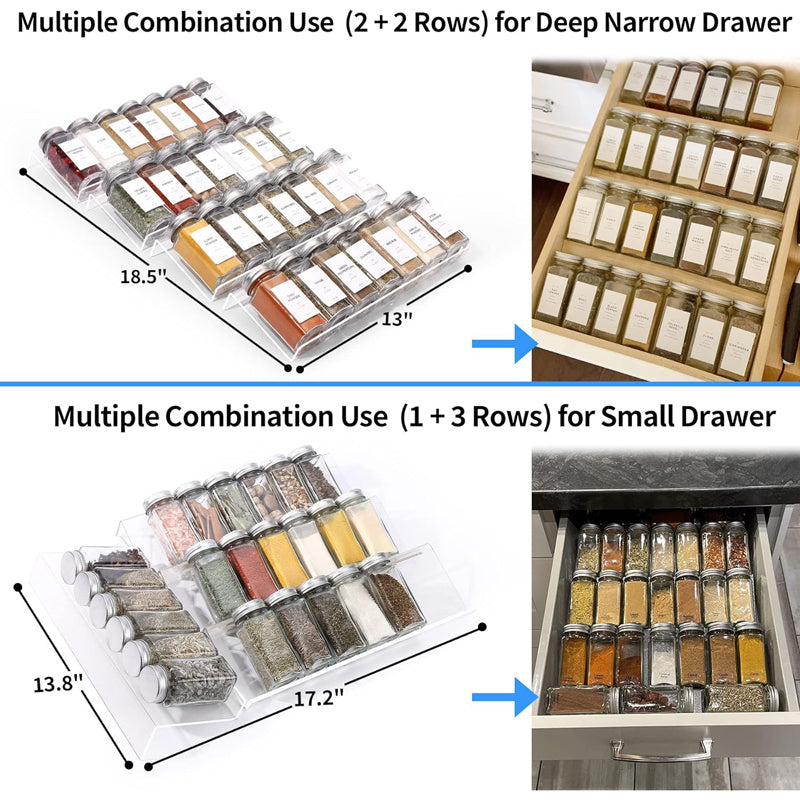 SOPEWOD Clear Acrylic Spice Drawer Organizer, 4 Tier Seasoning Jars Drawers Insert, Kitchen Spice Rack Tray for Drawer/Countertop