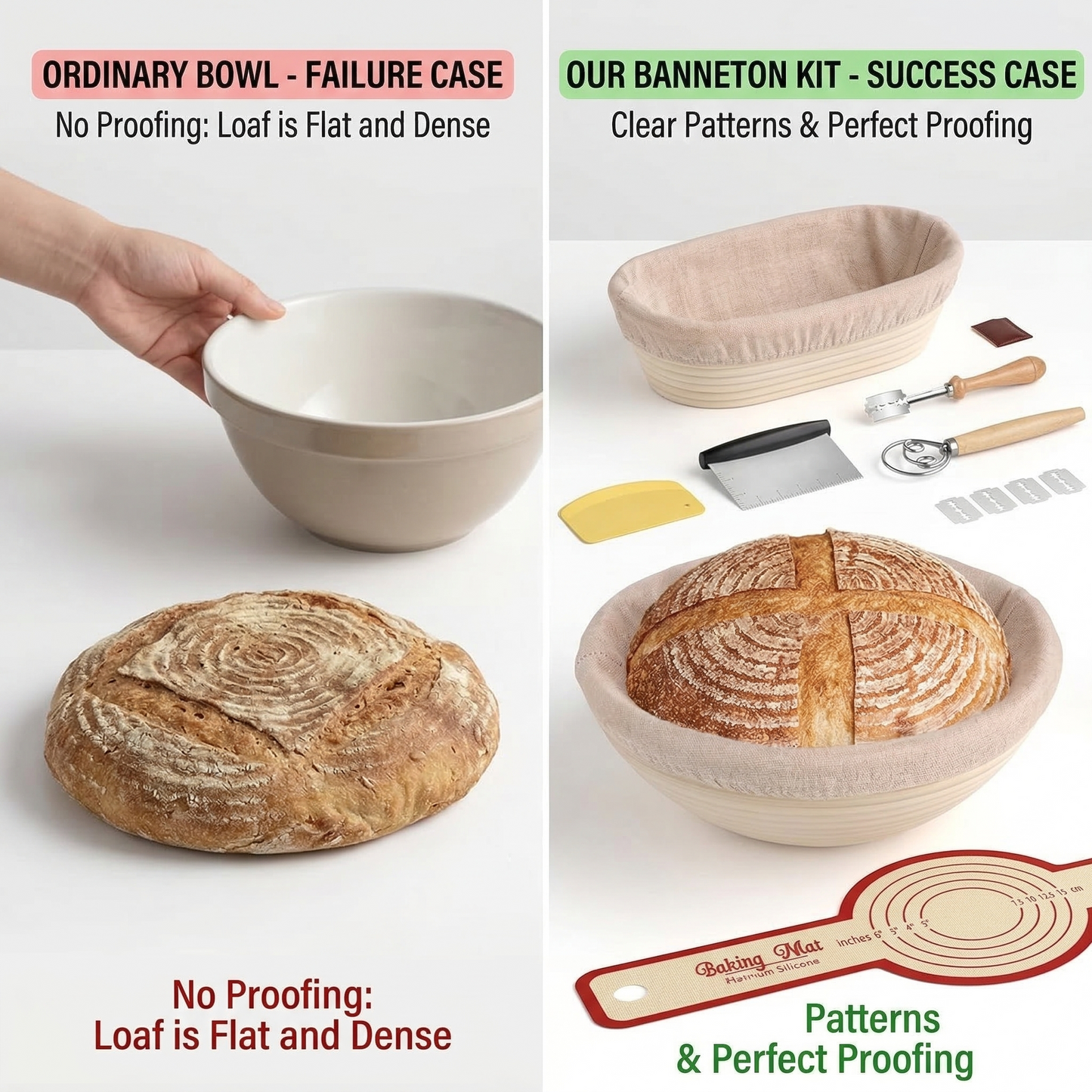 European Bread Proofing Basket Set, Home Baking Tools Kit with Bread Lame and Shaping Mat