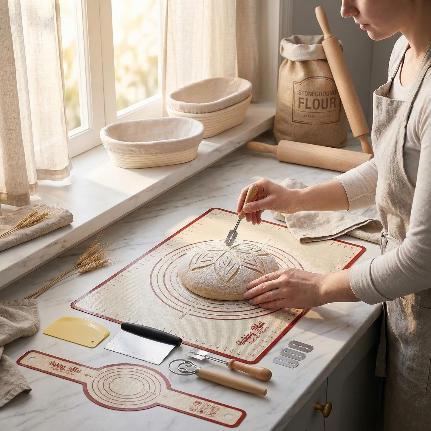 European Bread Proofing Basket Set, Home Baking Tools Kit with Bread Lame and Shaping Mat