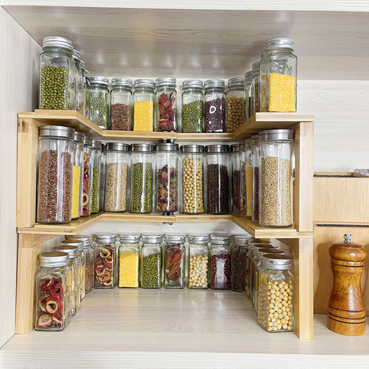 Sopewod Expandable & Stackable Storage Shelf Bamboo Spice Rack Corner Rack Organizer Spice Bottle Rack for Kitchen