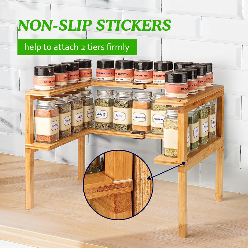 Sopewod Expandable & Stackable Storage Shelf Bamboo Spice Rack Corner Rack Organizer Spice Bottle Rack for Kitchen