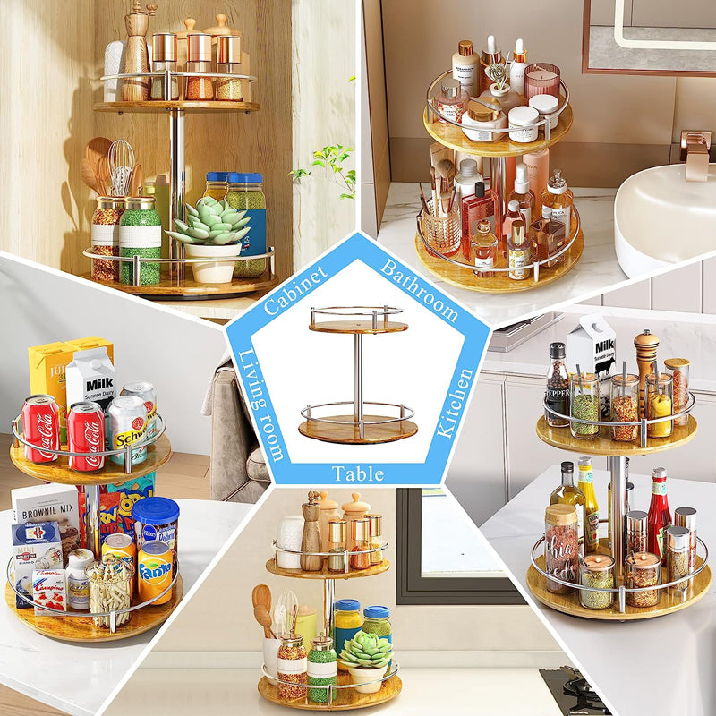 Wholesale kitchen countertop organizer 2 tier wood kitchen countertop turntable organizer for cabinet pantry