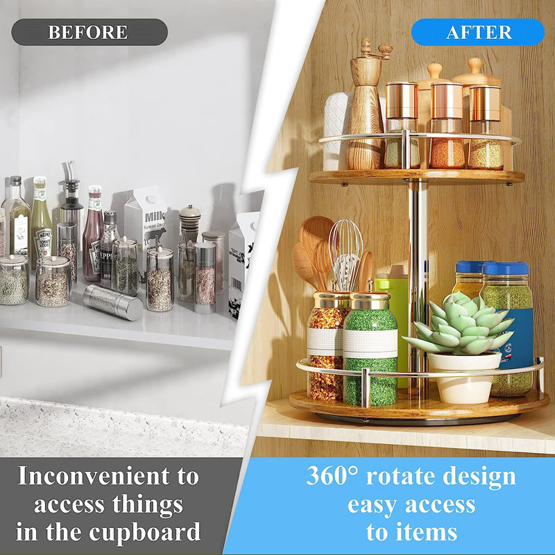 Wholesale kitchen countertop organizer 2 tier wood kitchen countertop turntable organizer for cabinet pantry