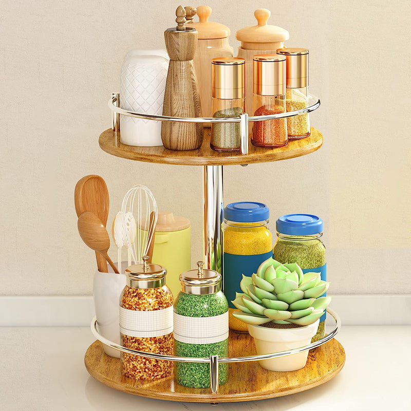 Wholesale kitchen countertop organizer 2 tier wood kitchen countertop turntable organizer for cabinet pantry