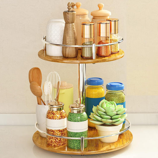 Wholesale kitchen countertop organizer 2 tier wood kitchen countertop turntable organizer for cabinet pantry
