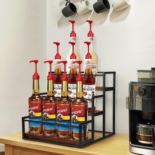 SOPEWOD 3 tier 12 bottles storage coffee syrup stand ironwood coffee syrup holder for coffee bar