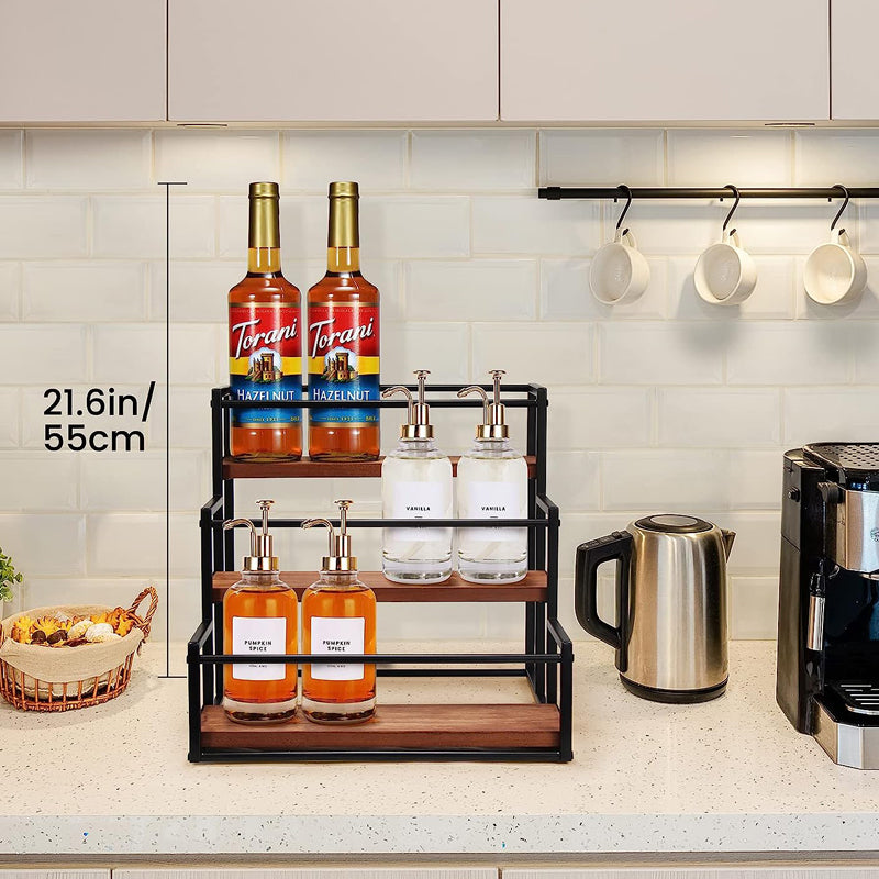 SOPEWOD 3 tier 12 bottles storage coffee syrup stand ironwood coffee syrup holder for coffee bar