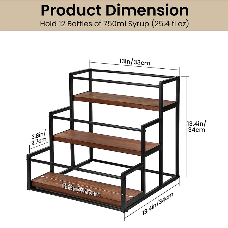 SOPEWOD 3 tier 12 bottles storage coffee syrup stand ironwood coffee syrup holder for coffee bar