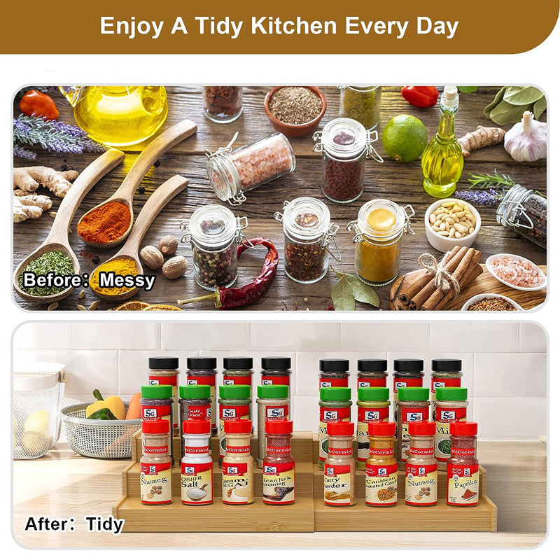 Wholesale 3 tier bottle jars rack holder expandable bamboo spice rack storage organizer for kitchen cabinet