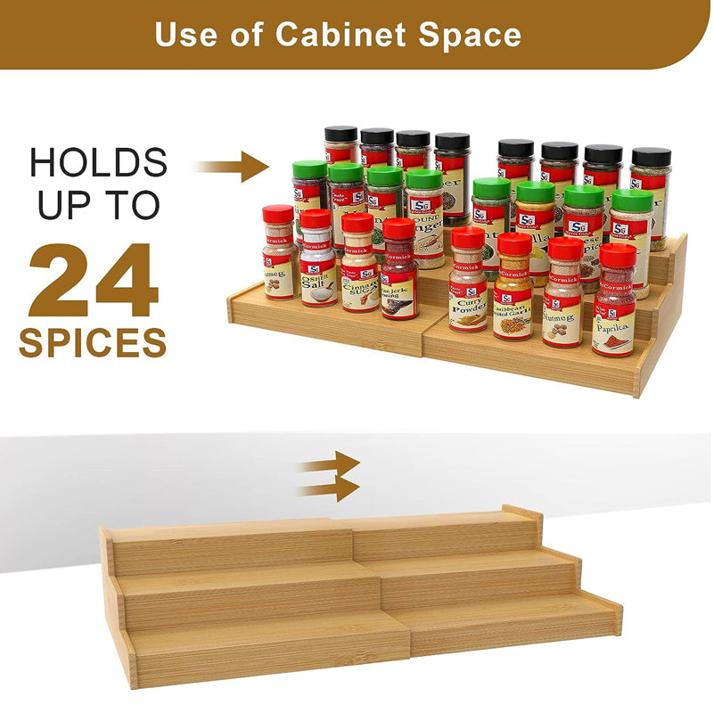 Wholesale 3 tier bottle jars rack holder expandable bamboo spice rack storage organizer for kitchen cabinet