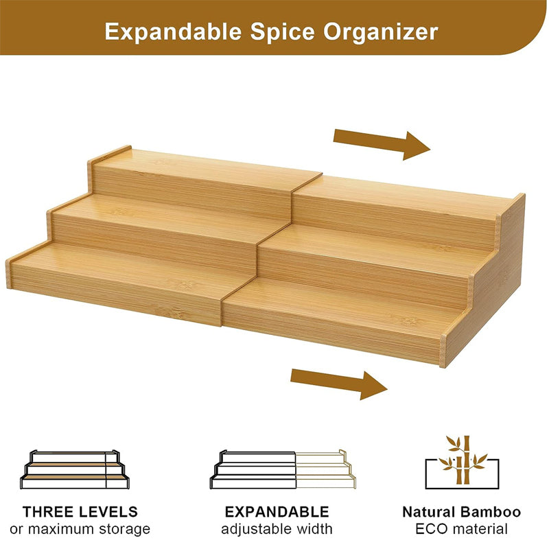 Wholesale 3 tier bottle jars rack holder expandable bamboo spice rack storage organizer for kitchen cabinet
