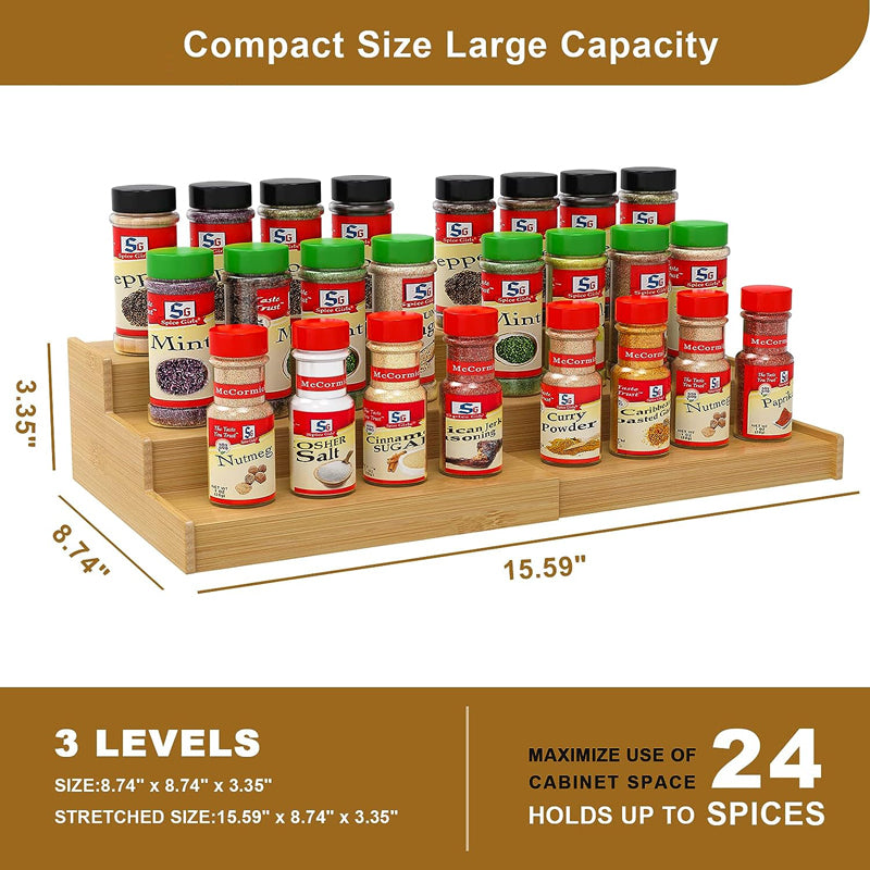 Wholesale 3 tier bottle jars rack holder expandable bamboo spice rack storage organizer for kitchen cabinet