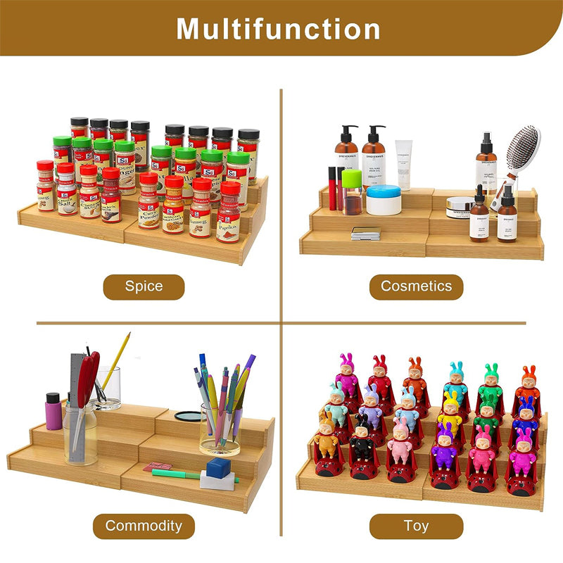 Wholesale 3 tier bottle jars rack holder expandable bamboo spice rack storage organizer for kitchen cabinet