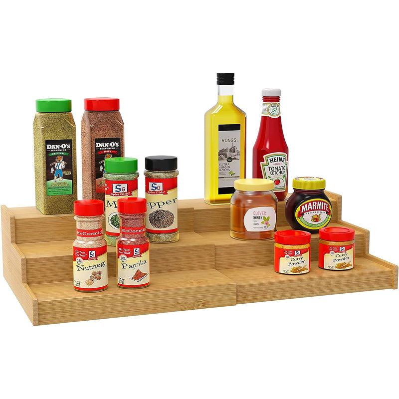 Wholesale 3 tier bottle jars rack holder expandable bamboo spice rack storage organizer for kitchen cabinet