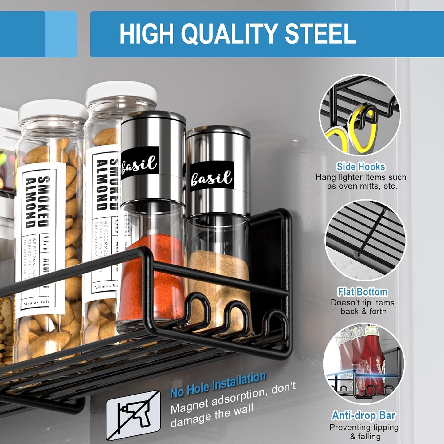 SOPEWOD Magnetic Spice Rack for Refrigerator Organizer with 20 Hooks, Magnetic Fridge Spice Shelf 4 Pack, Strong Magnet Seasoning Organizer Rack for Refrigerator Kitchen Classroom Storage