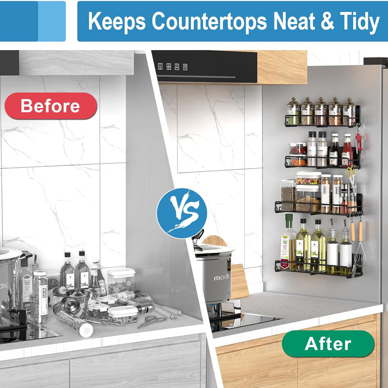 SOPEWOD Magnetic Spice Rack for Refrigerator Organizer with 20 Hooks, Magnetic Fridge Spice Shelf 4 Pack, Strong Magnet Seasoning Organizer Rack for Refrigerator Kitchen Classroom Storage