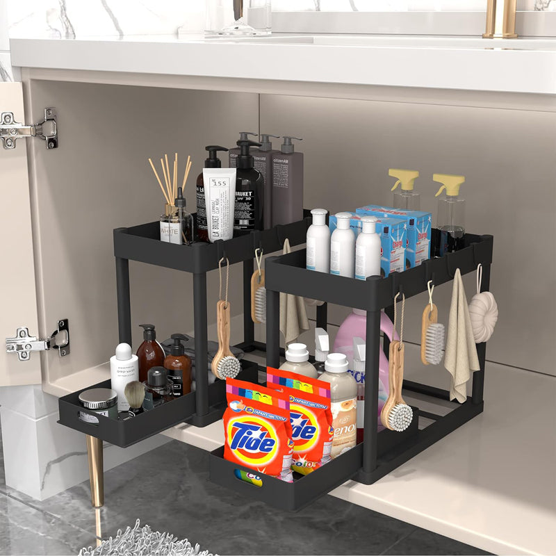 SOPEWOD 2PC Under Sink Organizer Rack 2 Tier Under Sliding Cabinet Basket Organizer Drawer with 4 Hooks, Multi-purpose Under Sink Storage for Bathroom Kitchen Desktop