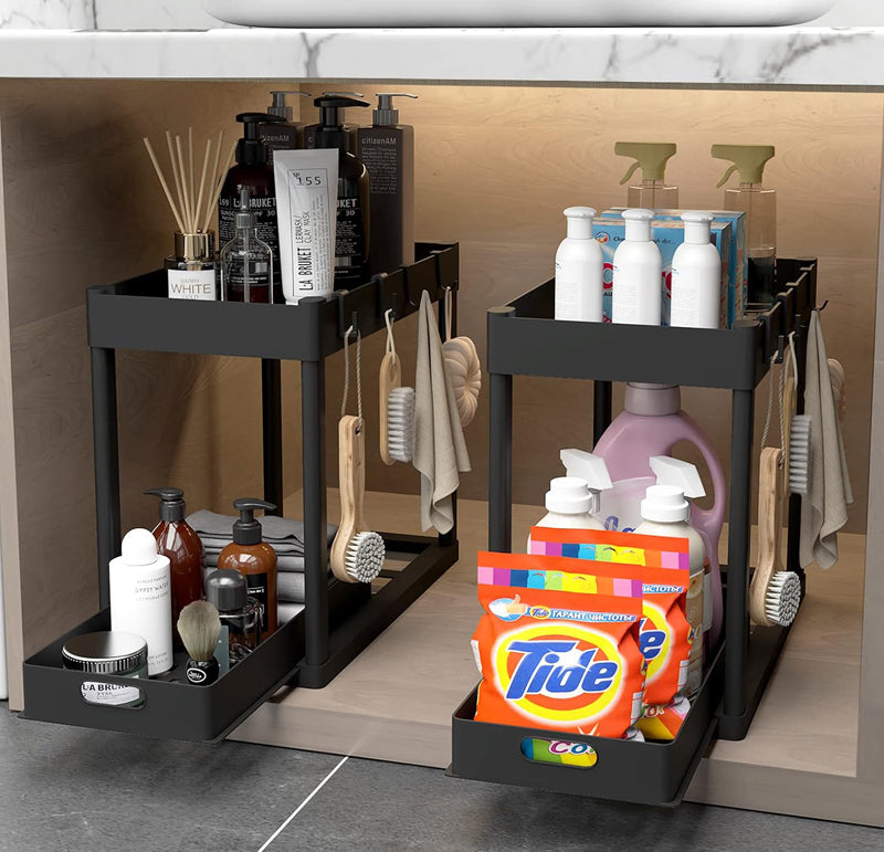 SOPEWOD 2PC Under Sink Organizer Rack 2 Tier Under Sliding Cabinet Basket Organizer Drawer with 4 Hooks, Multi-purpose Under Sink Storage for Bathroom Kitchen Desktop