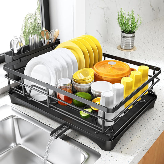 Dish drying rack for kitchen counter with removable utensil holder large dish rack with drainboard