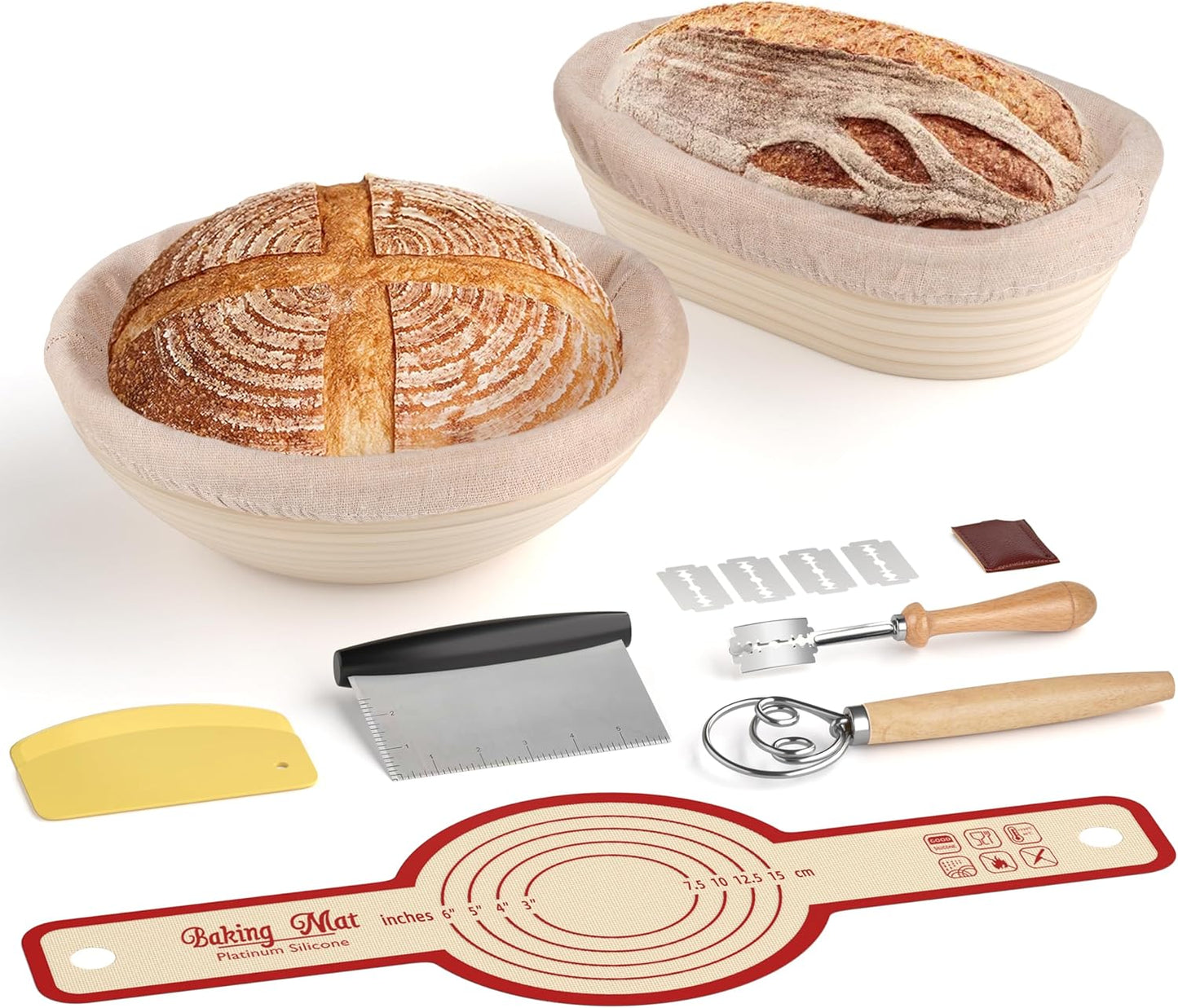 European Bread Proofing Basket Set, Home Baking Tools Kit with Bread Lame and Shaping Mat