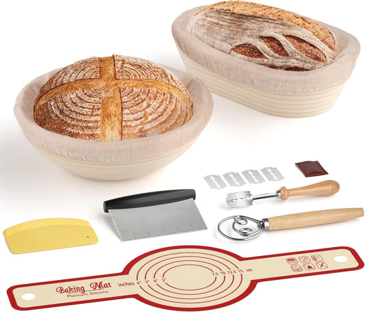 European Bread Proofing Basket Set, Home Baking Tools Kit with Bread Lame and Shaping Mat