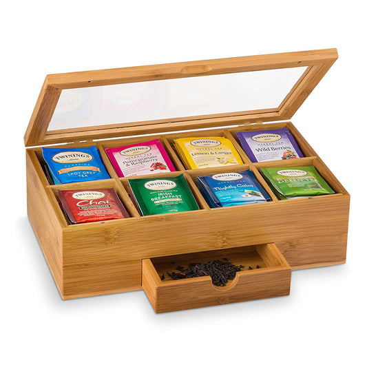 SOPEWOD Premium Bamboo Tea Box Organizer - Wood Tea Chest with Slide-Out Drawer & Acrylic Window, Magnet Lid Keeps Teabag Fresh - Countertop & Cabinet Storage Organization (Teabags Not Included)
