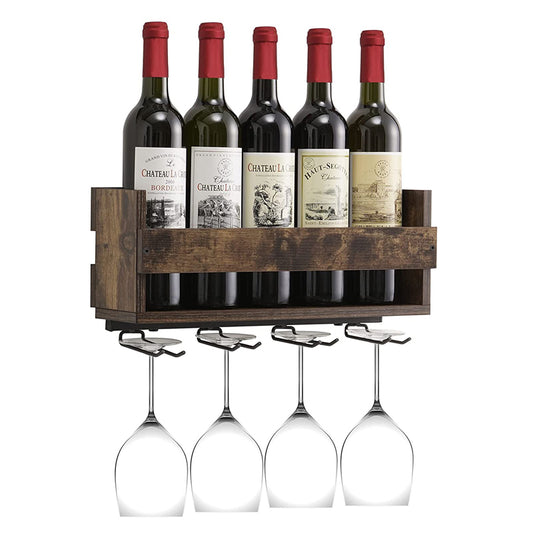 SOPEWOD Vintage Wall Mounted Wine Rack, Wine Glass Rack Holds 5 Wine Bottles and 4 Stemware Glass Holder, Wood Wine Storage Rack for Home Kitchen, Dining Room, Bar Décor (Retro Brown)