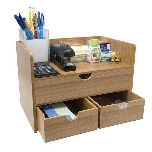 SOPEWOD Stackable Bamboo Desk Organizer - Fully Assembled - Multifunction Mini Bamboo Desk Drawer Tabletop Cosmetic Storage Organization for Office or Home (3 Drawers with shelf)