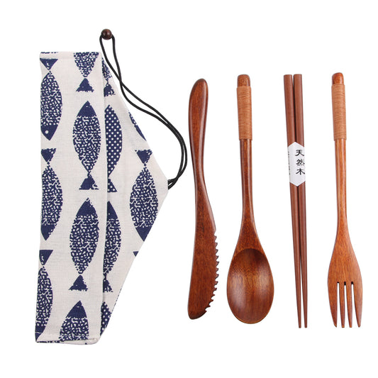 SOPEWOD Wooden Cutlery Set Portable, Travel Utensils Cutlery Set, 4 Piece of Wooden Utensils Kids Camping Utensils with Reusable Spoon, Fork, Knife, Chopsticks, Children's Cutlery Set for Travel and Camping