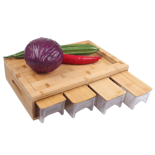 SOPEWOD  Bamboo Cutting Board with 4 Containers, Large Chopping Board, Easy-grip Handles & Food Sliding Opening, Carving Board with Trays for Food Storage, Transport and Cleanup